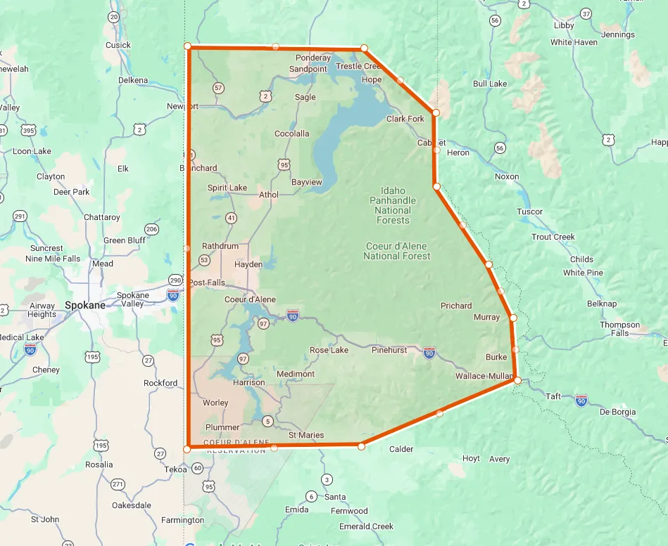 Service area map showing Coeur d'Alene and North Idaho region